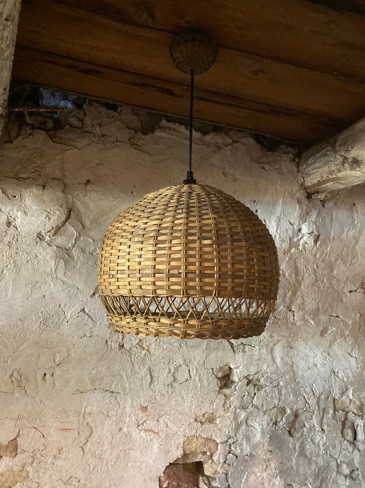 Vintage rotan rieten bollamp hanglamp bohemian ibiza style, Ophalen, Gebruikt, Natuurlijk materiaal, E27 (groot)