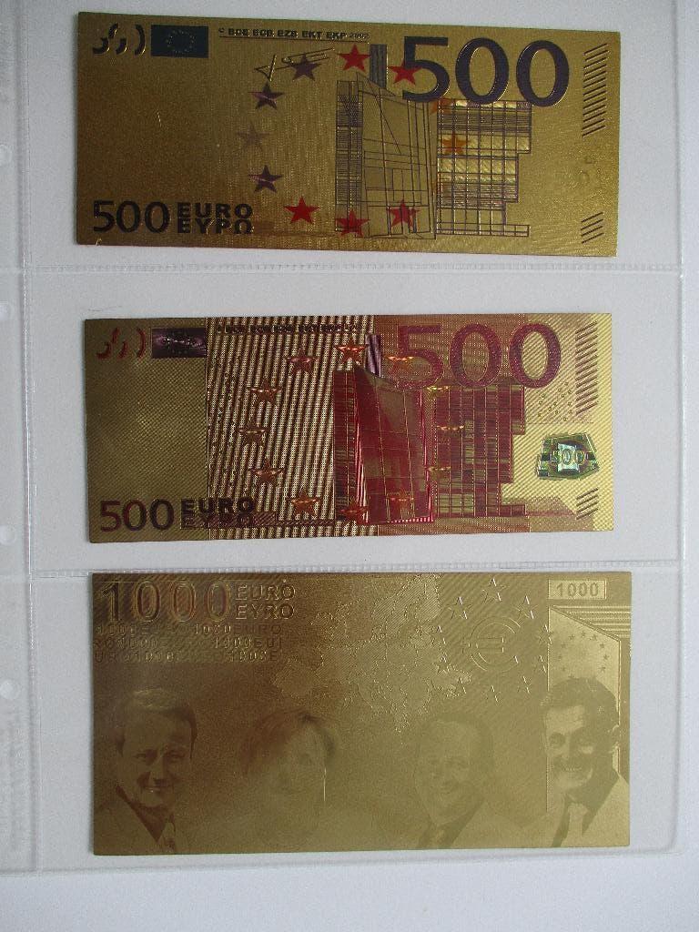 3 Eurobiljetten - fantasy goldfoil replica's w.o. kleur 500, Postzegels en Munten, Bankbiljetten | Europa | Eurobiljetten, Verzenden