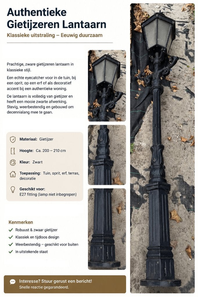 Klassieke gietijzeren tuinlantaarn+bijpassende wandlantaarns, Ophalen, Gebruikt, Staande lamp, Netvoeding