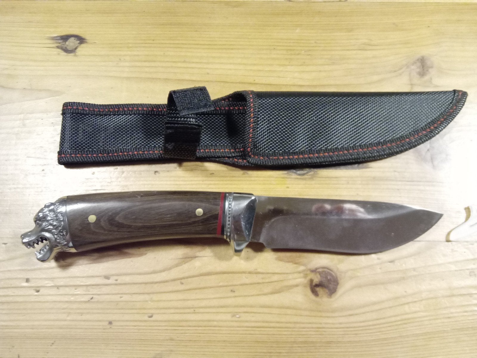 Jachtmes met wolfskop handvat en schede, 28 cm, Ophalen of Verzenden