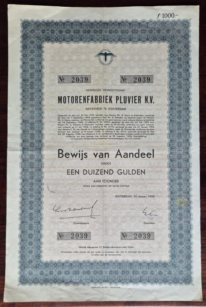 Motorenfabriek Pluvier aandeel 1959 Rotterdam, Ophalen, Gebruikt, Overige typen, Pluvier