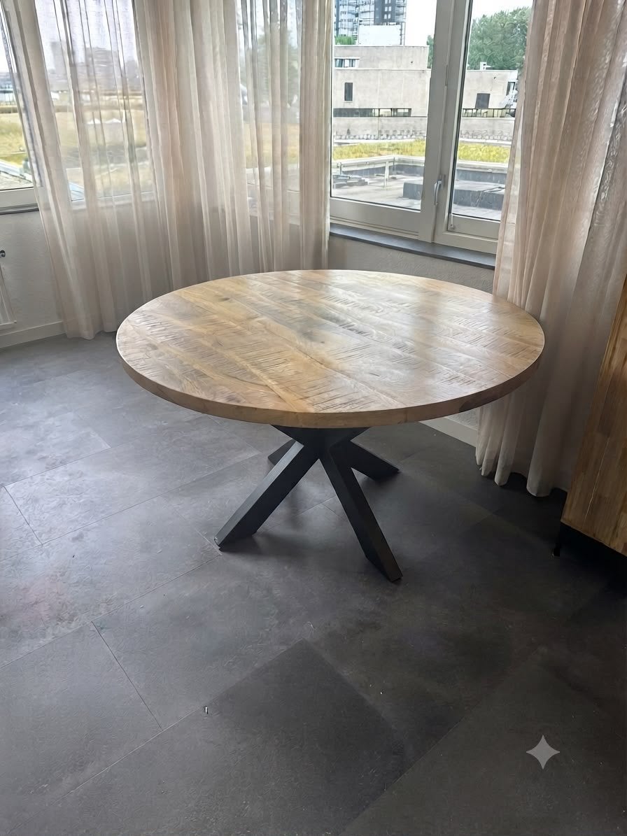 Ronde eettafel van mangohout, Huis en Inrichting, Tafels | Eettafels, Ophalen, 100 tot 150 cm, Rond, Zo goed als nieuw