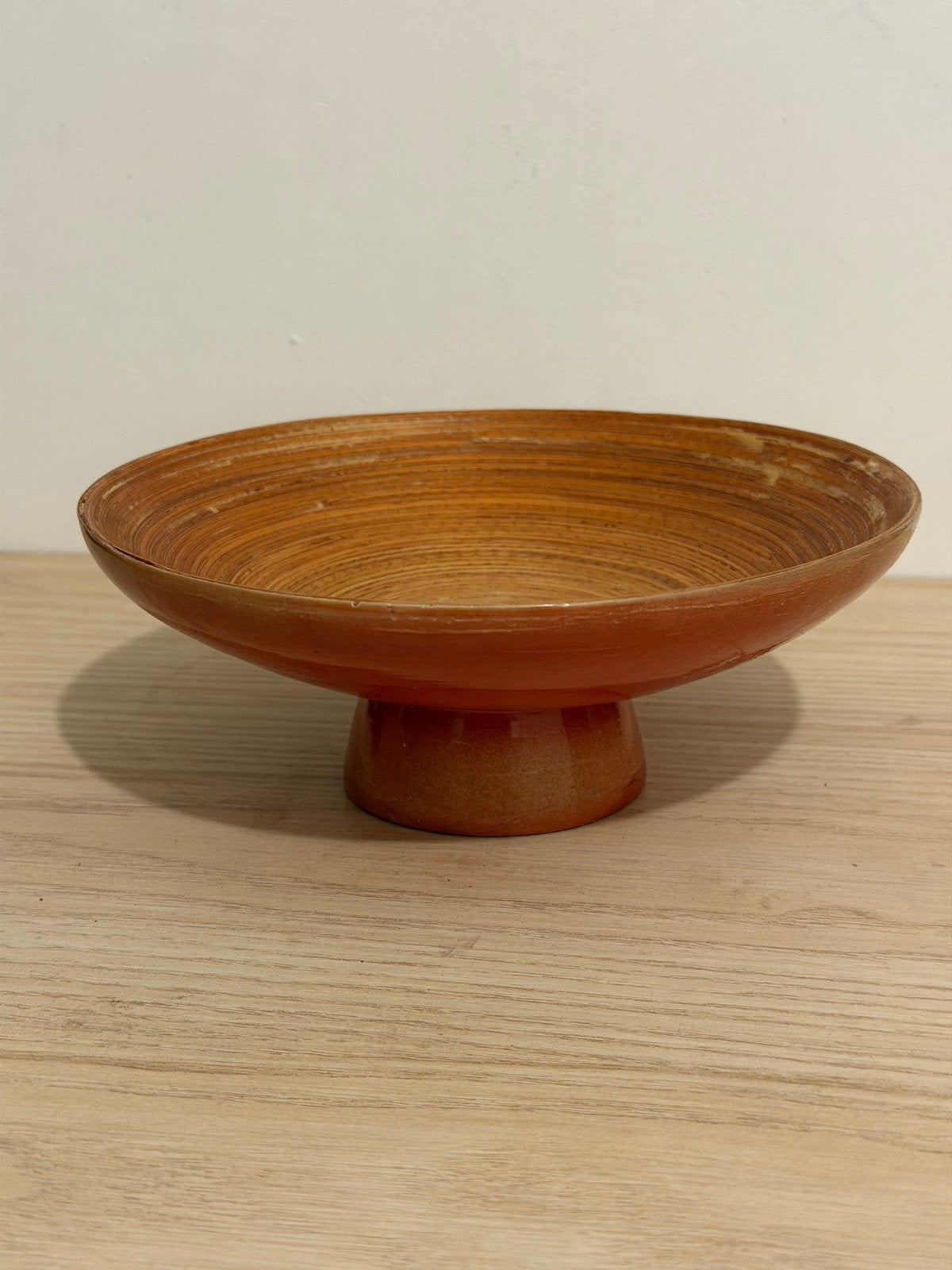 Vintage bamboe schaal op voet/Spun bamboo schaaltje Ø20cm, Gebruikt, Schaal, Rond, Ophalen of Verzenden