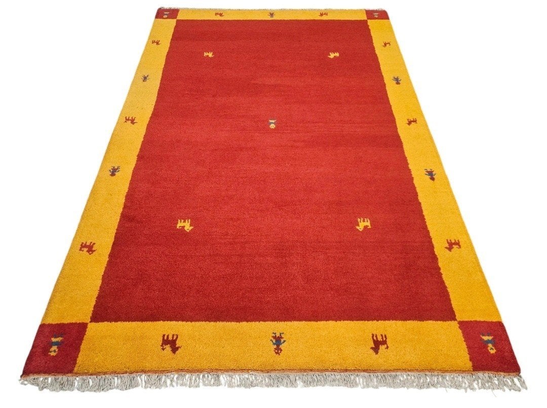 Handmade wool Gabbeh carpet modern red yellow 201x300cm, Gabbeh, India, 200 cm of meer, Rechthoekig