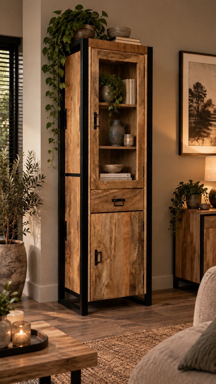Mooie Mango Houten Vitrinekast Industrieel Nieuw, Huis en Inrichting, 150 tot 200 cm, 25 tot 50 cm, Overige houtsoorten, Nieuw