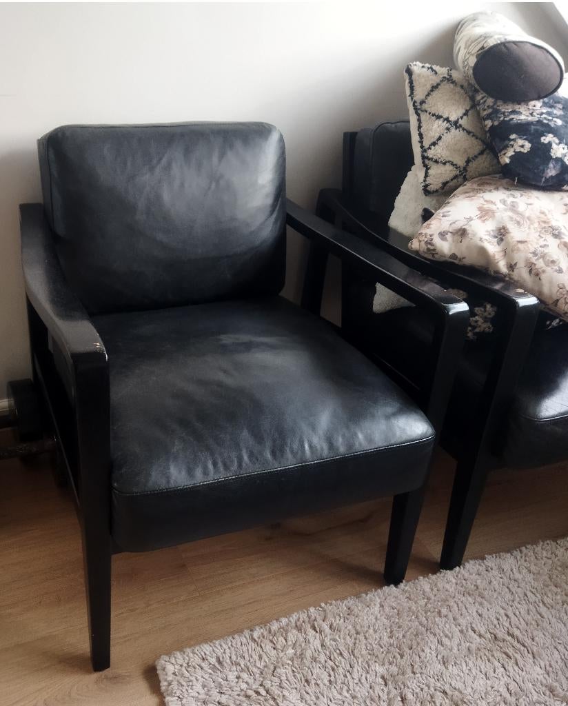 Eleonora Olaf Fauteuils - Stoer Zwart Leer - Set of per stuk, Ophalen, Gebruikt, Vintage, 75 tot 100 cm