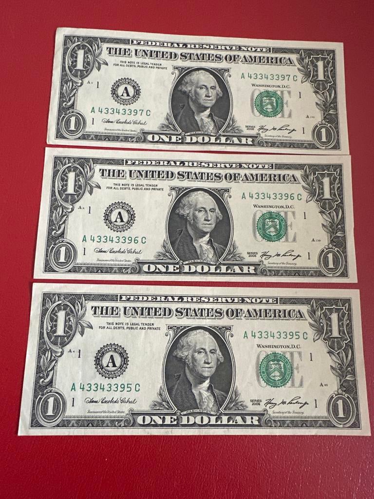 3x 1 Dollar biljetten met opeenvolgende serienummers, Postzegels en Munten, Munten | Amerika, Setje, Noord-Amerika, Ophalen of Verzenden