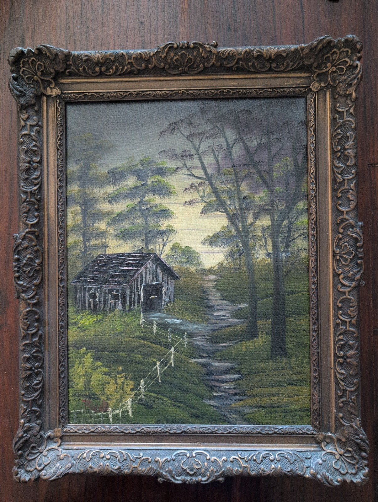 Schilderij met boslandschap en hutje, gesigneerd, Ophalen of Verzenden