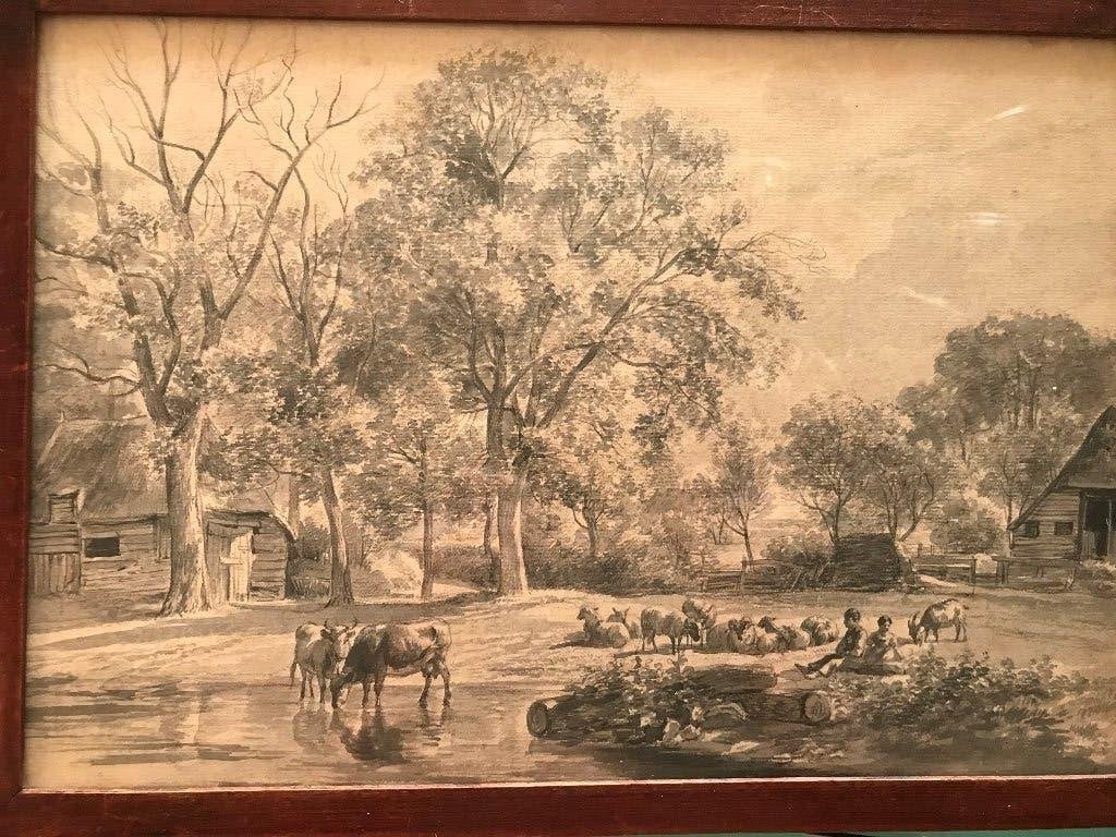 aquarel sepia18-19 eeuw mensen dieren boerderijen, Ophalen of Verzenden, Overige onderwerpen, Papier, Origineel werk