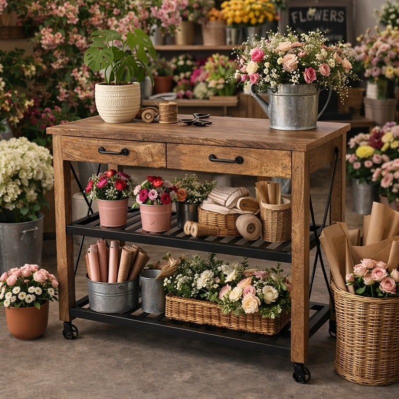 Keuken Trolley Keukenwagen Keuken Tafel Keukeneiland Kar, Hout, Zwart, Info@dehanzeherten.nl, De Hanze Herten BV