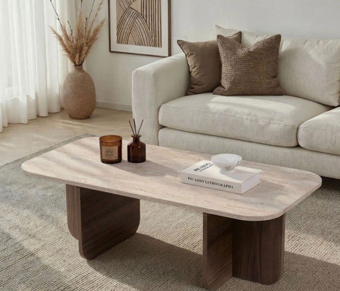 Moderne Japandi salontafel walnoot met travertin, 100 tot 150 cm, Zo goed als nieuw, Overige houtsoorten, 50 tot 100 cm