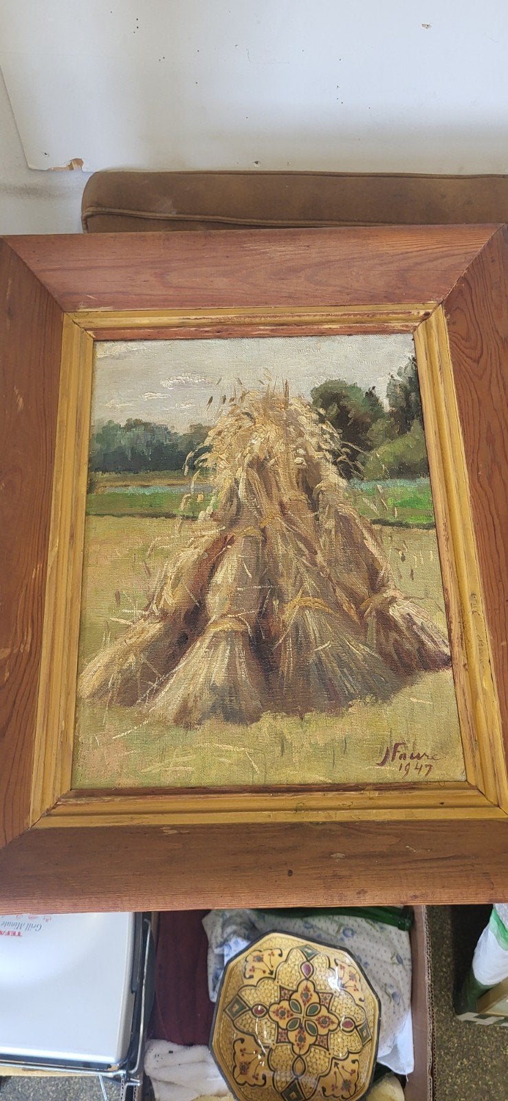 Gesigneerd Schilderij 1947 - Korenschoven Landschap, Doek, Realistisch, Ophalen of Verzenden, Landschap