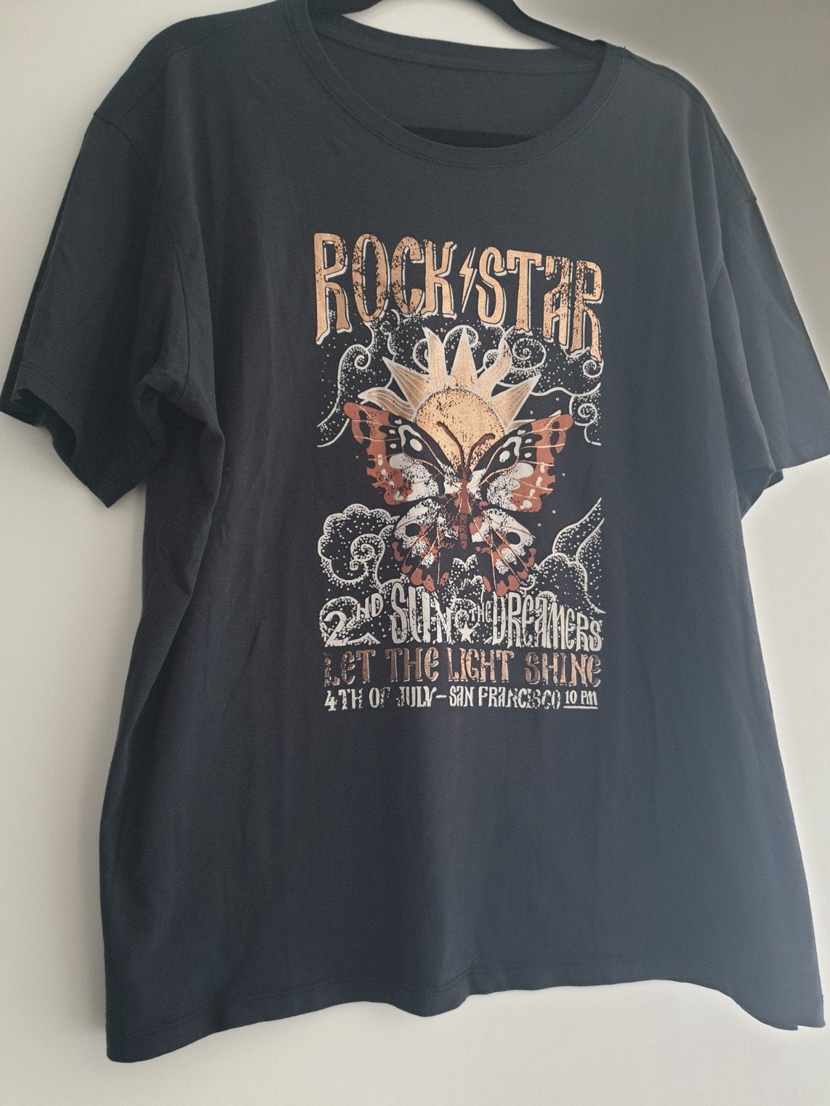Zwart T-shirt met 'Rockstar' print en vlinder, maat L, Zwart, Maat 42/44 (L), Ophalen of Verzenden, Korte mouw