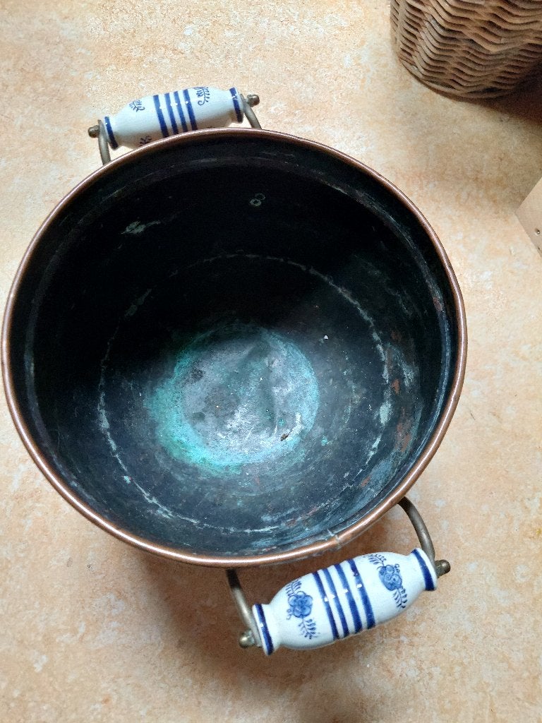 Antieke Koperen Pot met Delfts Blauwe Handvatten, Antiek en Kunst, Ophalen, Koper