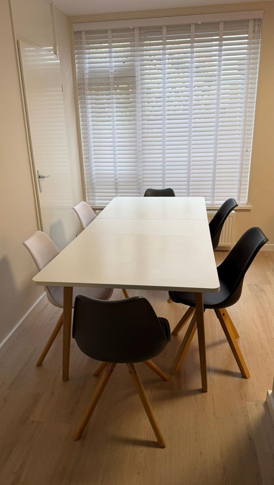 Witte eettafel met 6 stoelen, Ophalen, Gebruikt, 200 cm of meer, 50 tot 100 cm