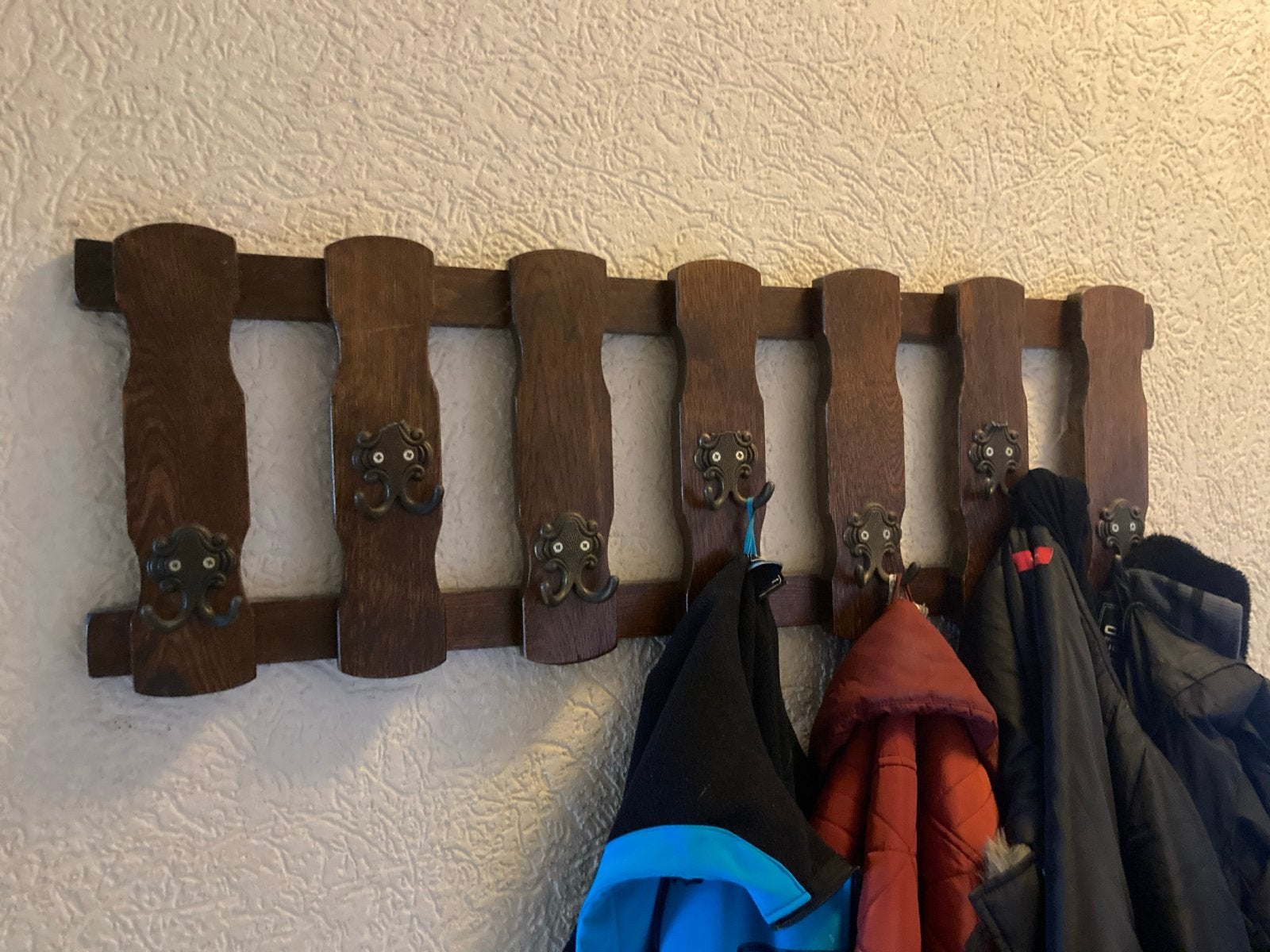 Vintage houten wandkapstok met metalen haken, Gebruikt, Minder dan 100 cm, Hout, Ophalen