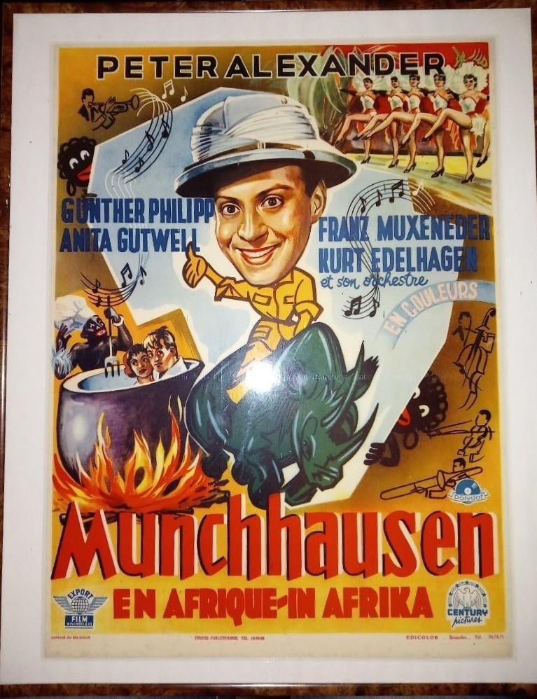 Originele filmposter van Münchhausen in Afrika 50x40 cm, Rechthoekig Staand, Met lijst, Ophalen of Verzenden, Zo goed als nieuw