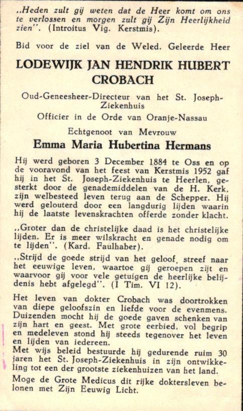 Crobach Lodewijk Jan Hendrik H. Oss 1884-1952 Heerlen, Verzamelen, Bidprentjes en Rouwkaarten, Ophalen of Verzenden