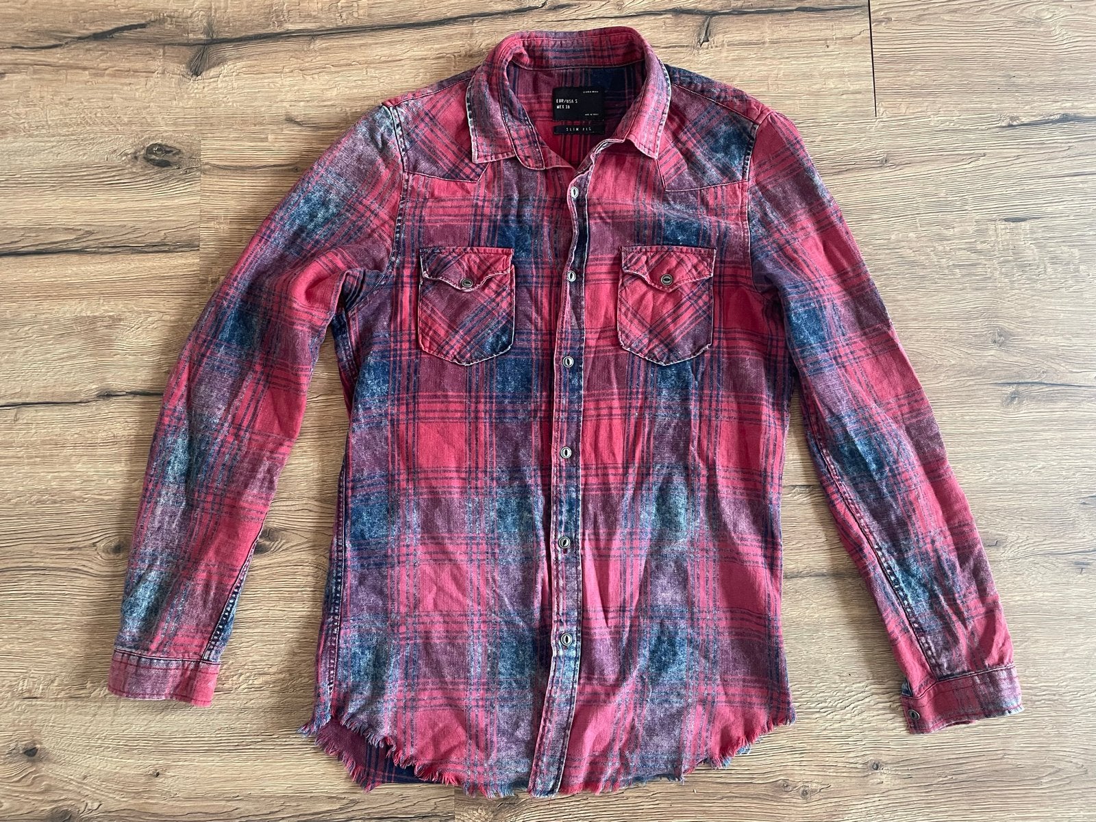 Zara Man Slim Fit Geruit Overhemd - Rood/Blauw, Ophalen of Verzenden, Gedragen, Rood, Halswijdte 38 (S) of kleiner