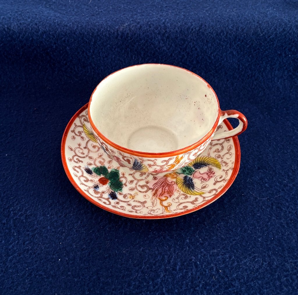 5 Vintage Japanse Kutani Kopjes + 1 Schotel Feniks Oranje, Antiek en Kunst, Ophalen