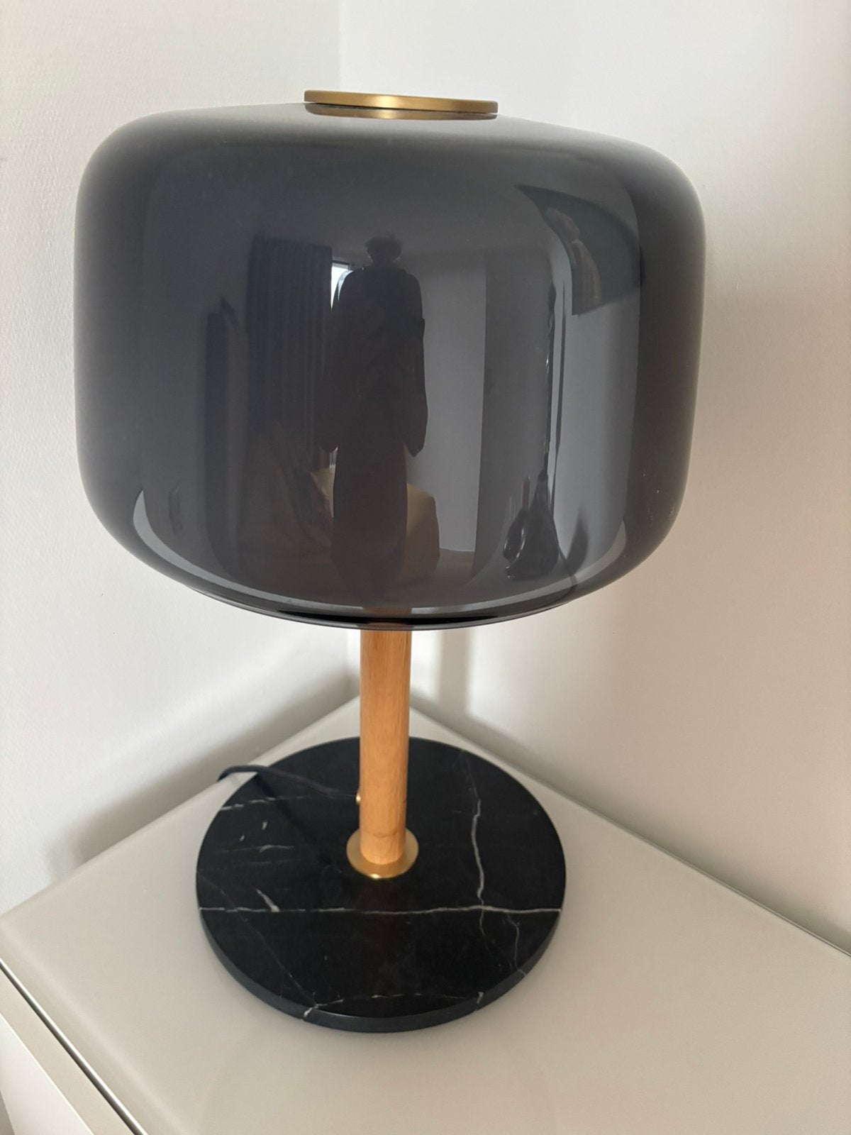 Prachtige grijze glazen lamp met goud en hout, Ophalen, Goud, IKEA, Glas
