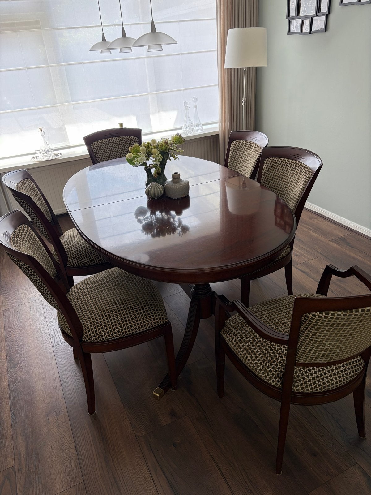 Klassieke mahoniehouten eettafel met 6 stoelen, Huis en Inrichting, Tafels | Eettafels, Ophalen, Ovaal, 200 cm of meer, 100 tot 150 cm