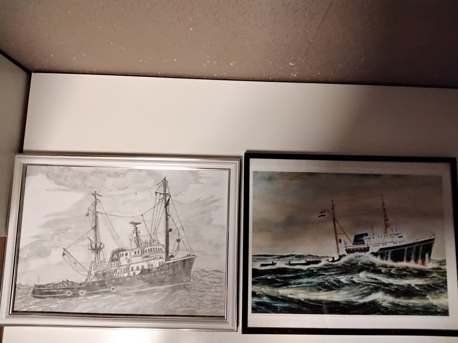 Twee ingelijste maritieme tekeningen van schepen, Ophalen of Verzenden