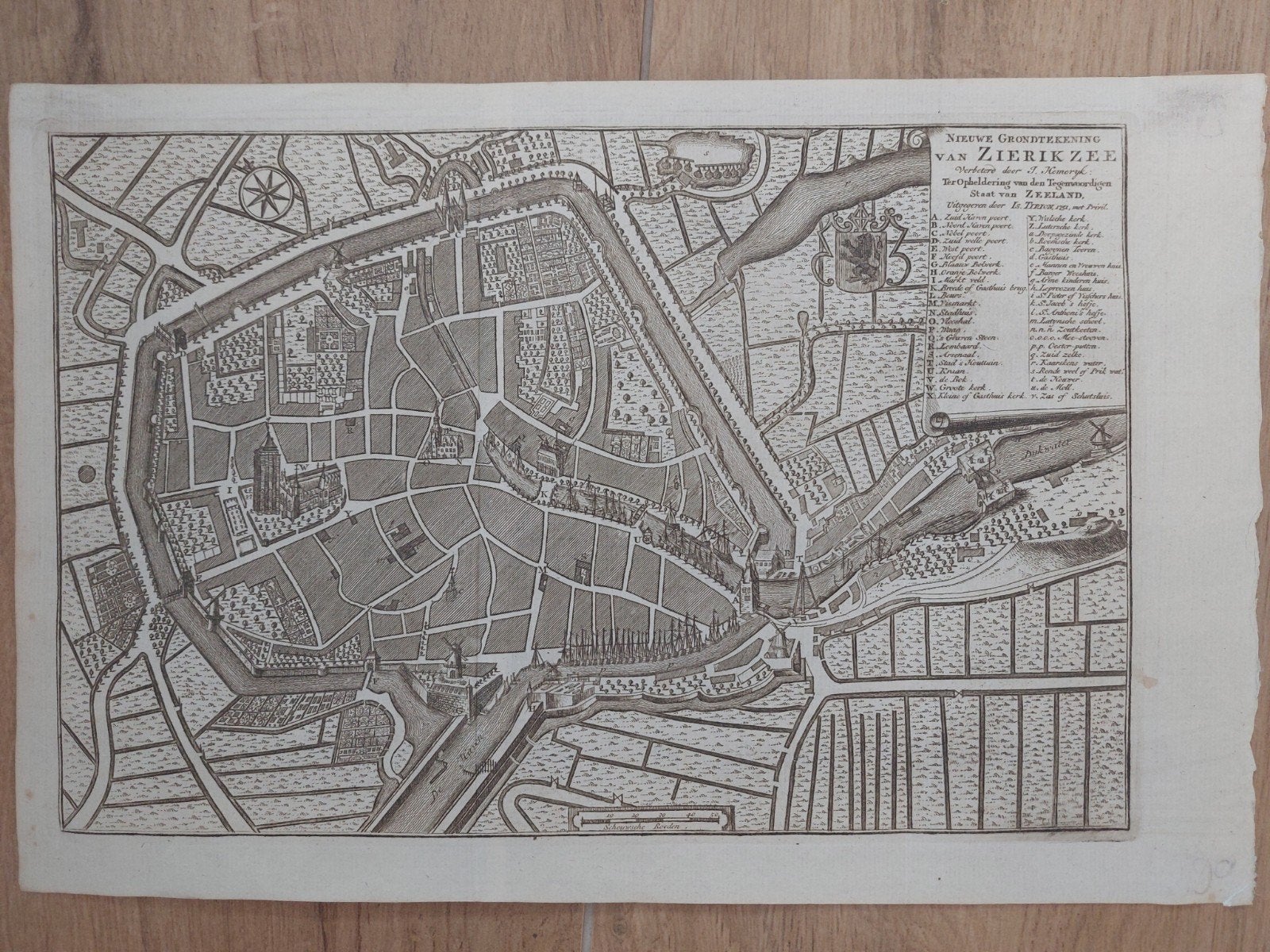 60 / Originele kopergravure Zierikzee door I. Tirion in 1751, 26 cm, Stadsgezicht, 17 cm, Ophalen of Verzenden