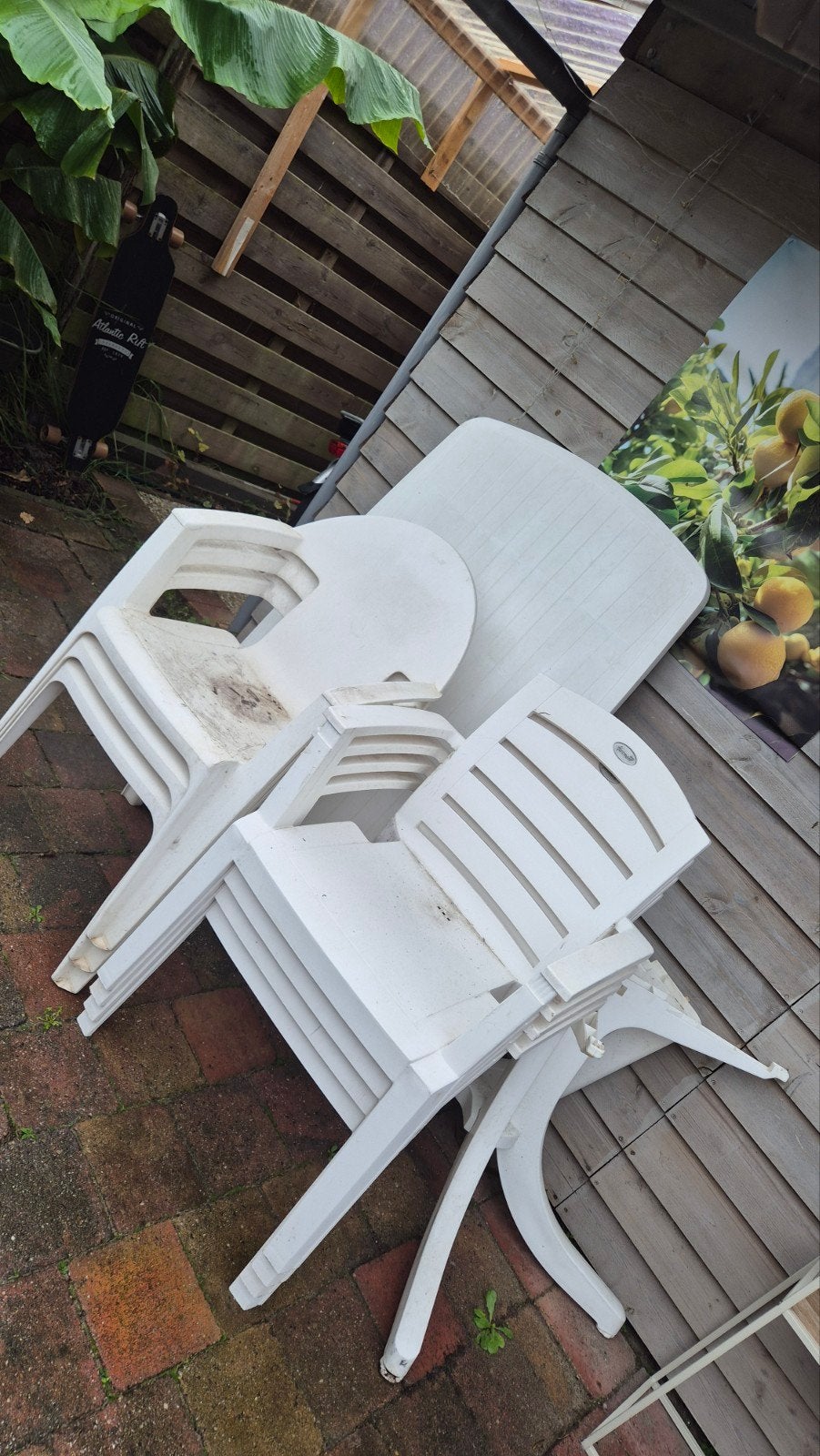 hartman tuinset: 7 stoelen en 1 tafel (wit kunststof), Ophalen, Gebruikt, Kunststof