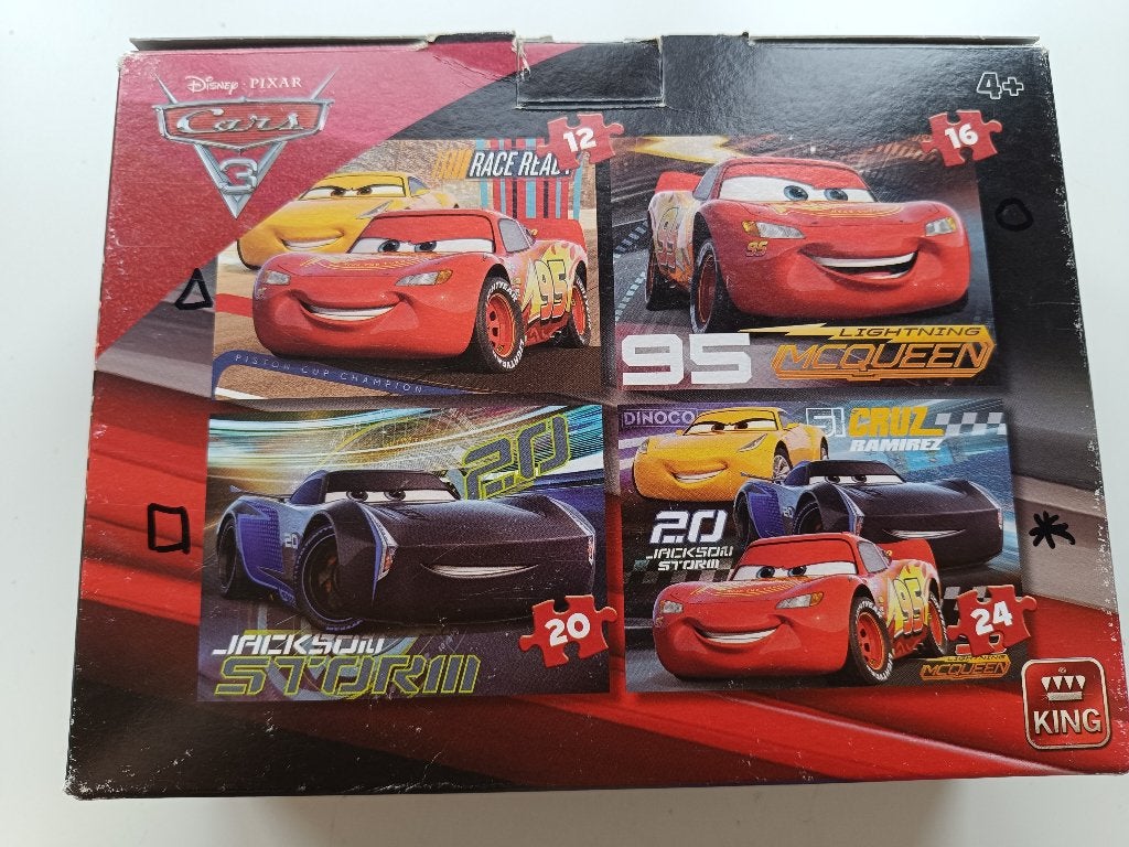 Doos met 4 puzzels van Cars 3, Ophalen, 10 tot 50 stukjes, Gebruikt, 2 tot 4 jaar