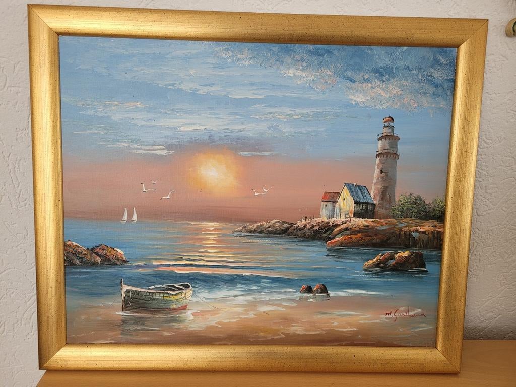 Uniek schilderij met vuurtoren en zonsondergang 56x46cm, Ophalen of Verzenden