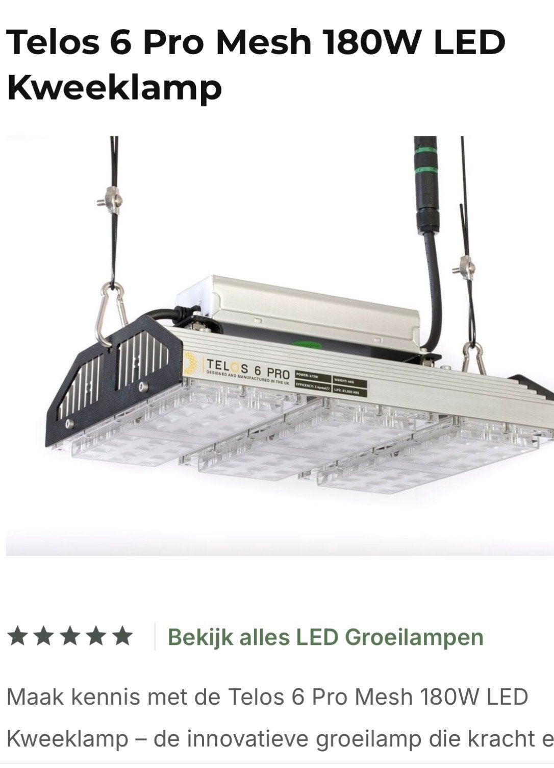 Telos 6 Pro Mesh 180W LED Kweeklamp 2 stuks, Ophalen, Zo goed als nieuw, Kweeklamp