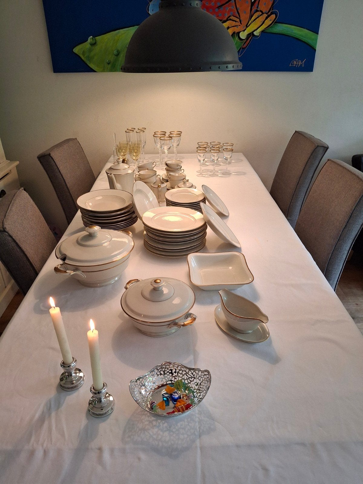 Rhenania Duisdorf-Bonn Servies met Gouden Rand en glazen, Ophalen, Zo goed als nieuw, Porselein, Klassiek