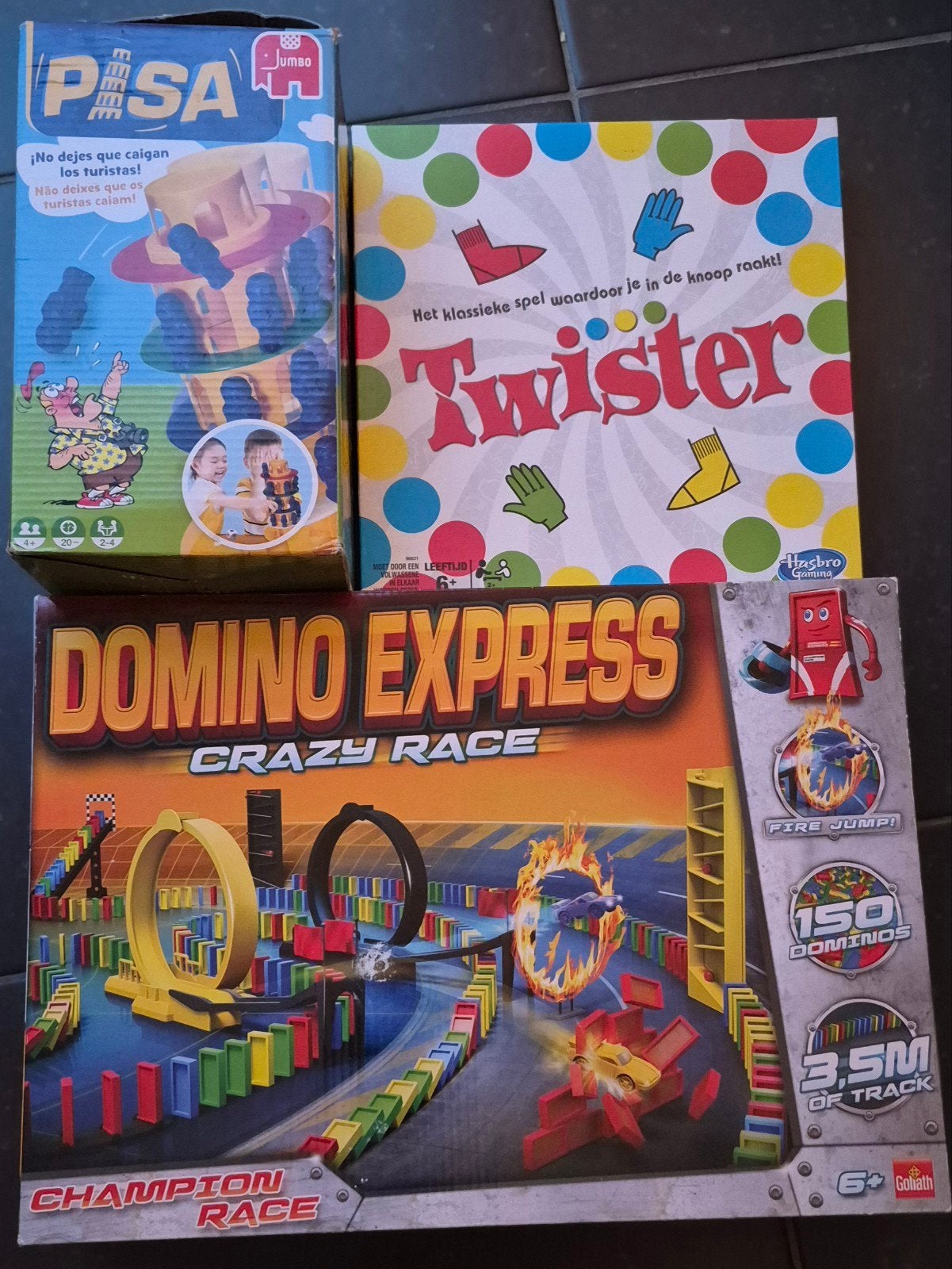 Bordspellen set: Pisa, Twister en Domino Express, Een of twee spelers, Ophalen, Zo goed als nieuw, Jumbo, Hasbro Gaming, Goliath