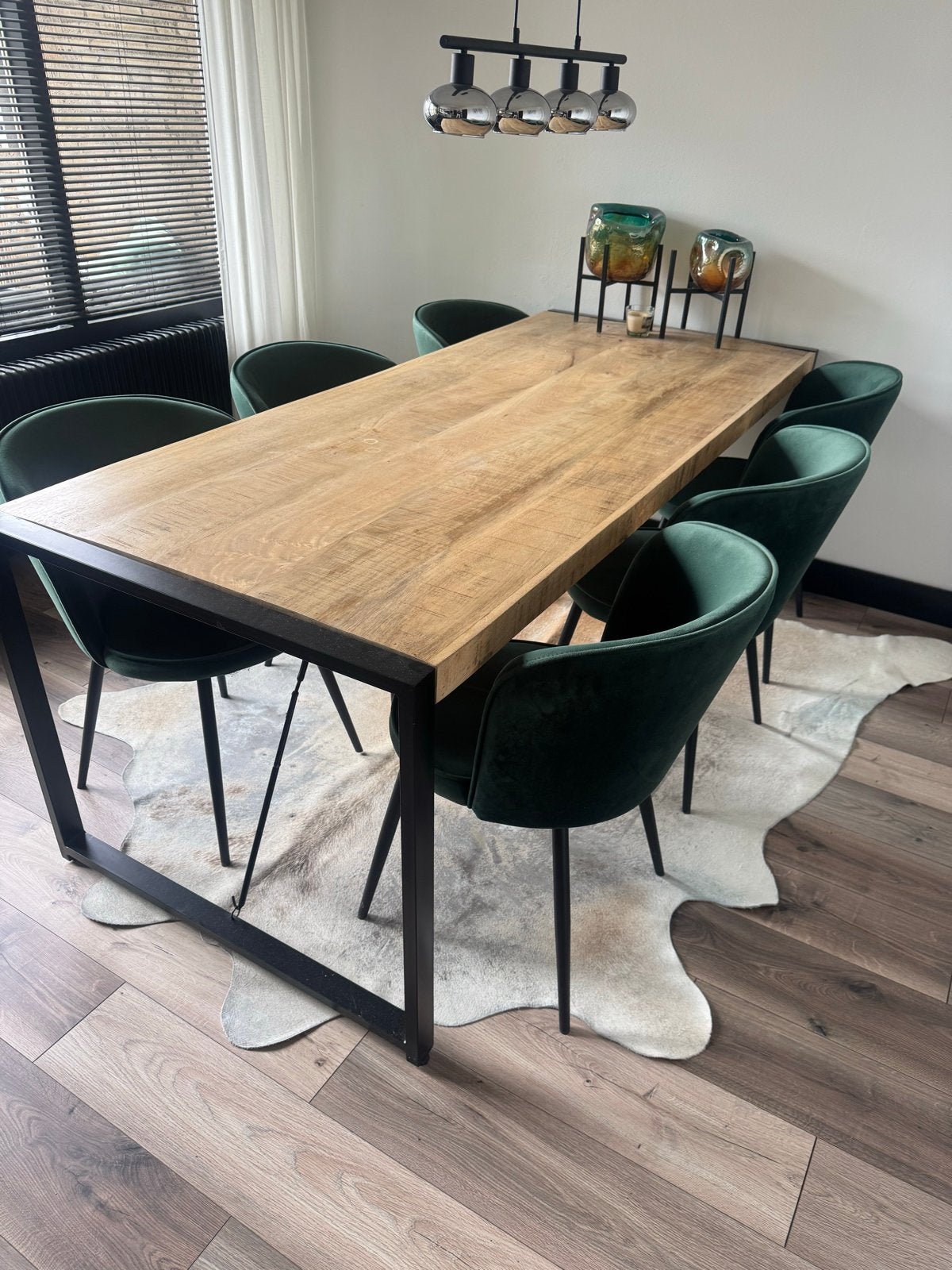 Houten stalen eettafel 8 personen, Ophalen, 200 cm of meer, 50 tot 100 cm, Zo goed als nieuw