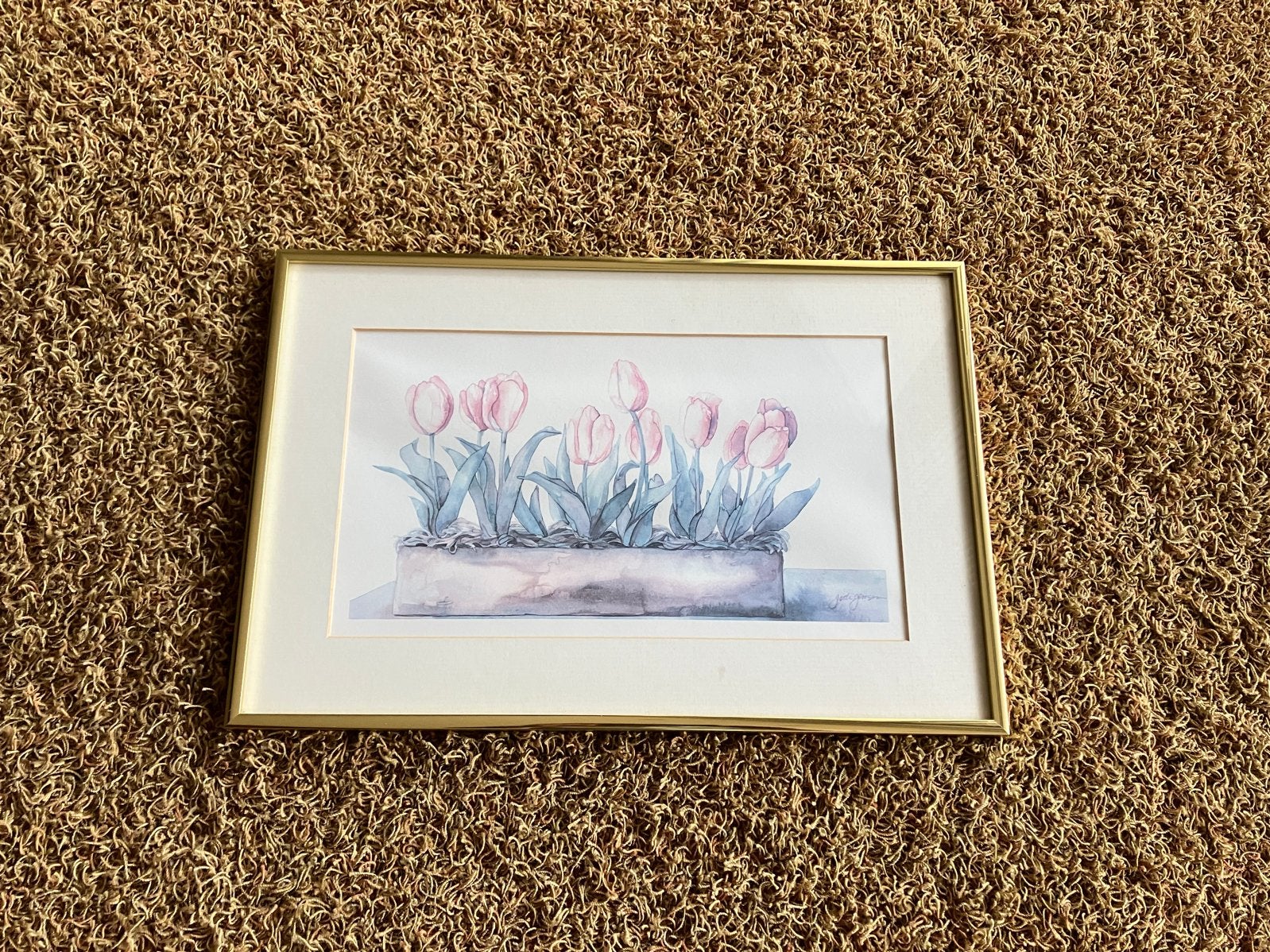 Ingelijste aquarel van roze tulpen, Ophalen of Verzenden, Tekening, Aquarel, Ingelijst