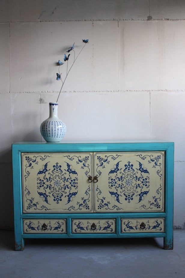 Unieke Oosterse Kast Vintage Blauw Wit Chinees Dressoir Hout, 100 tot 150 cm, Ophalen of Verzenden, 3 of 4 laden, Minder dan 100 cm