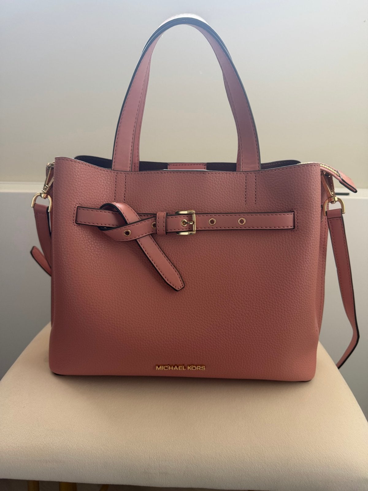 Michael Kors Emilia Handtas Roze Getrommeld Leer, Sieraden, Tassen en Uiterlijk, Ophalen of Verzenden, Zo goed als nieuw, Roze