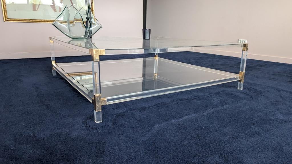 Glazen Salontafel met Gouden Details, Gebruikt, 100 tot 150 cm, Vierkant, Minder dan 50 cm