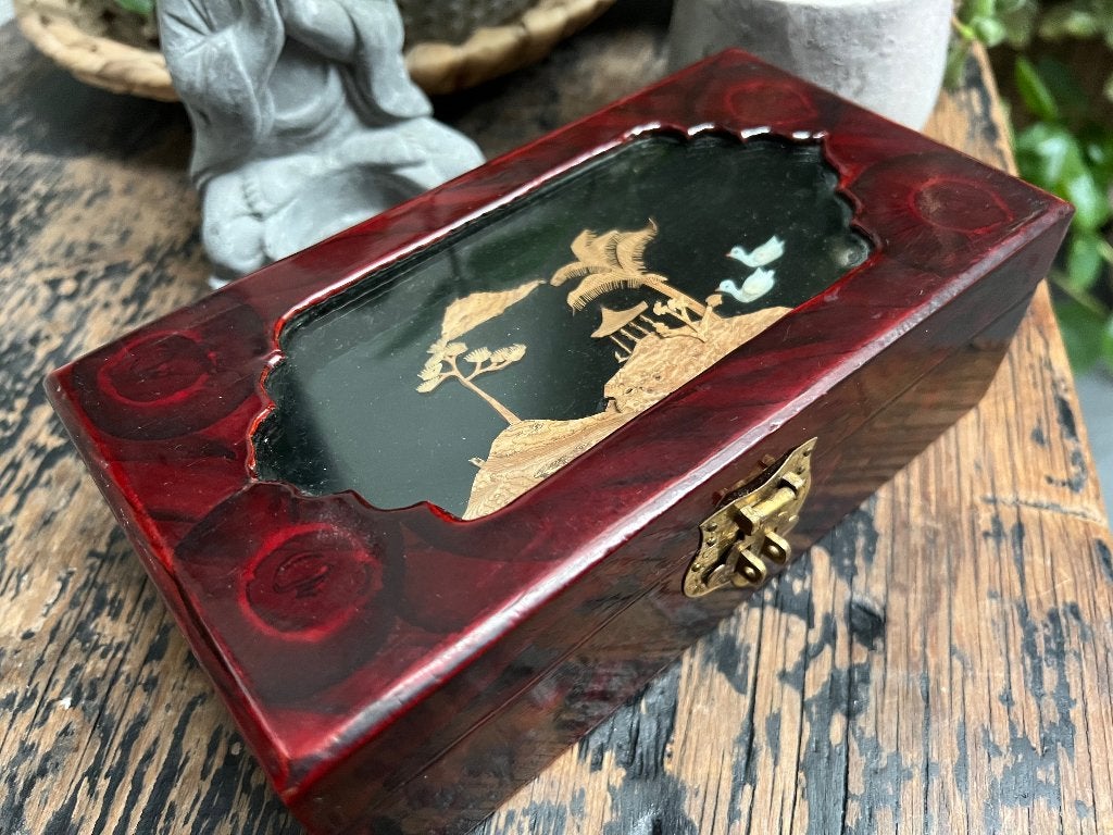 Chinees diorama sieraden kistje doos box chinese, Hout, Bruin, Doos, Ophalen of Verzenden