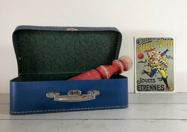 Vintage blauw koffertje van geperst karton, Ophalen of Verzenden