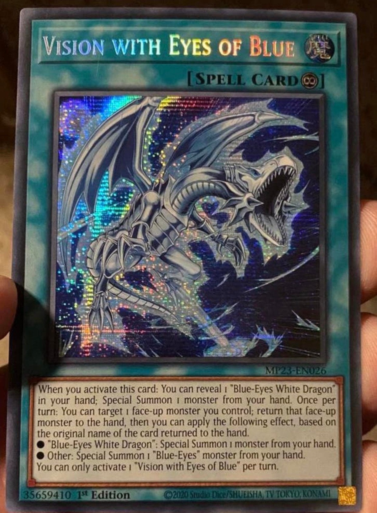 Yu-Gi-Oh! Vision with Eyes of Blue MP23 1st Ed Tin Promo !, Ophalen of Verzenden, Zo goed als nieuw, Losse kaart, Foil