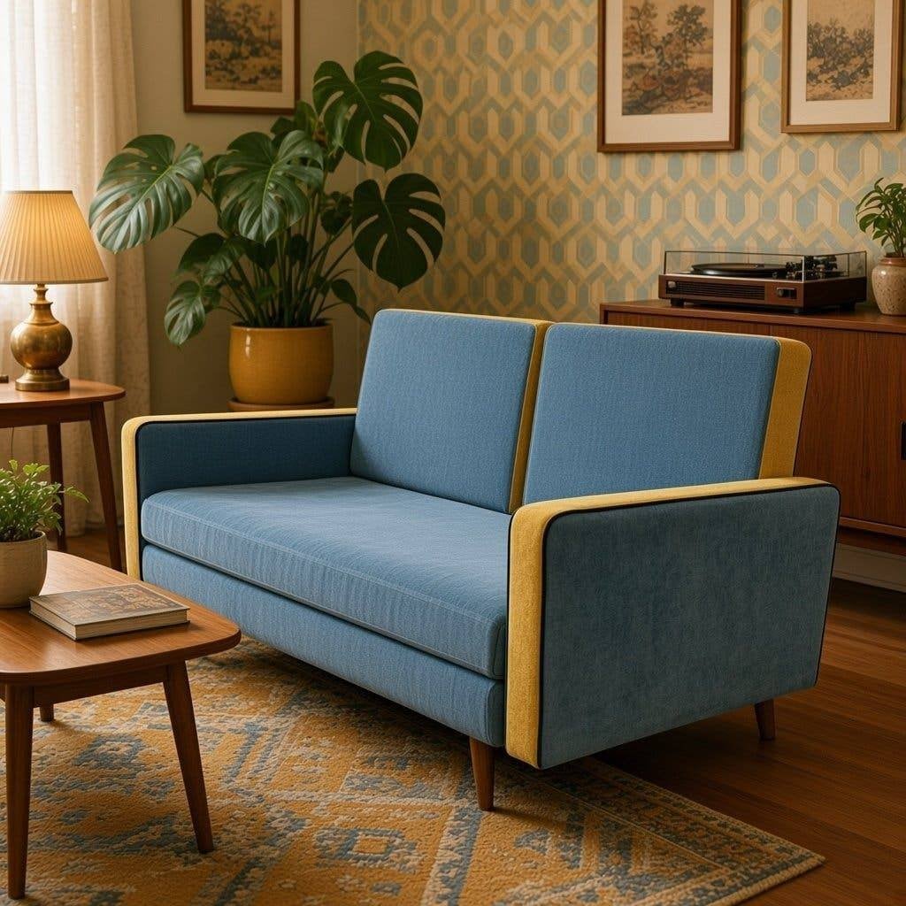 Vintage blauwe zetel / daybed / slaapbank met geel accent, Ophalen
