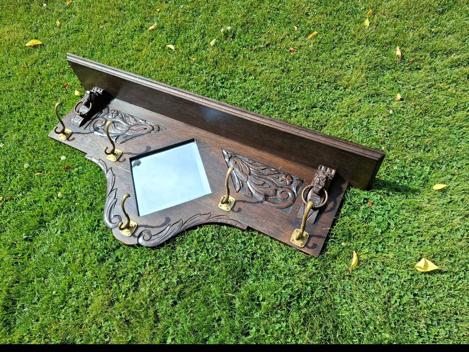 Antieke houten kapstok met spiegel en snijwerk, Antiek en Kunst, Ophalen