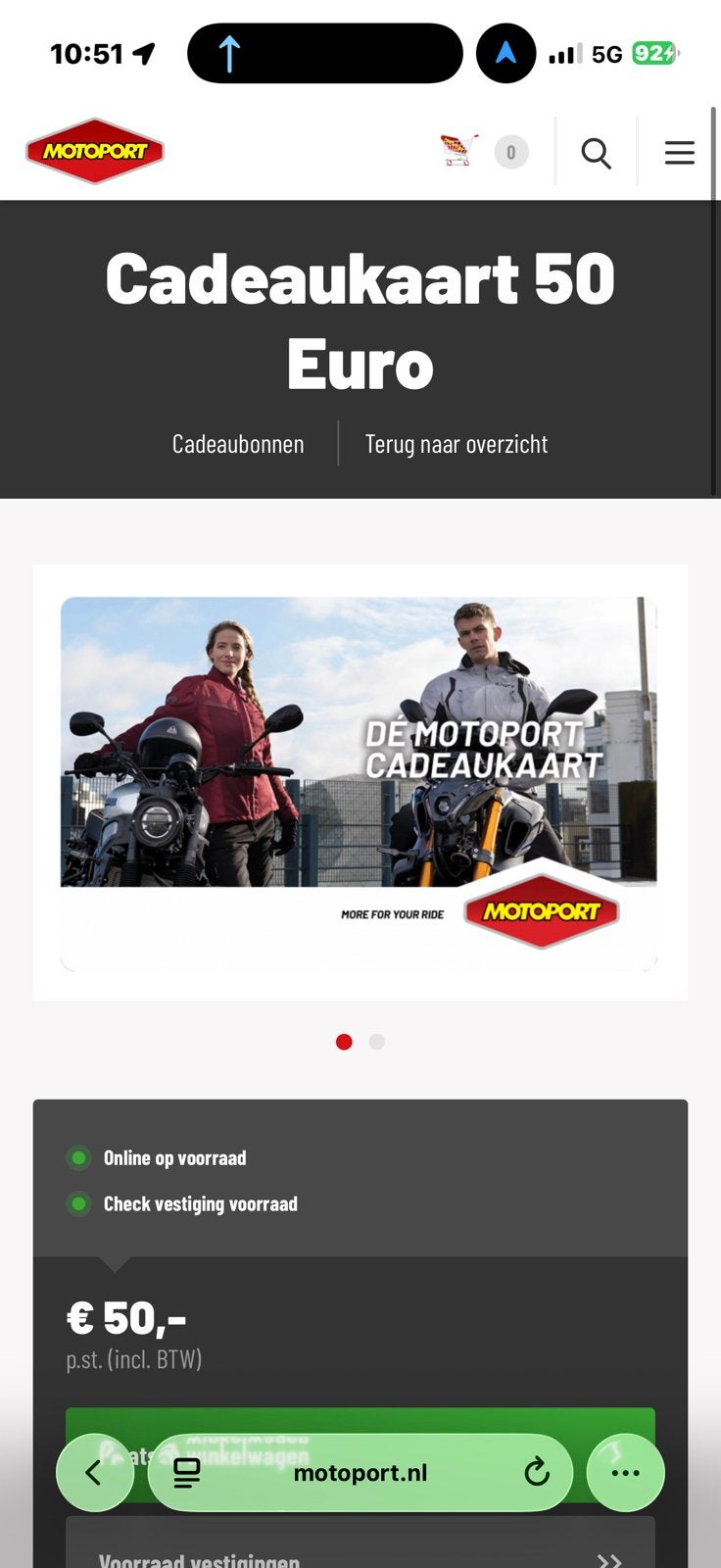 Motoport cadeaukaart €50,-, Eén persoon, Cadeaubon