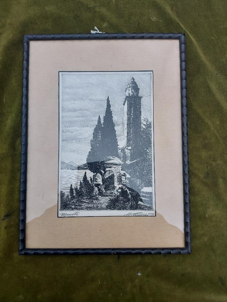 Ets Zuid-Europees landschap met kerk., Ingelijst, 40 cm, Landschap, Verzenden