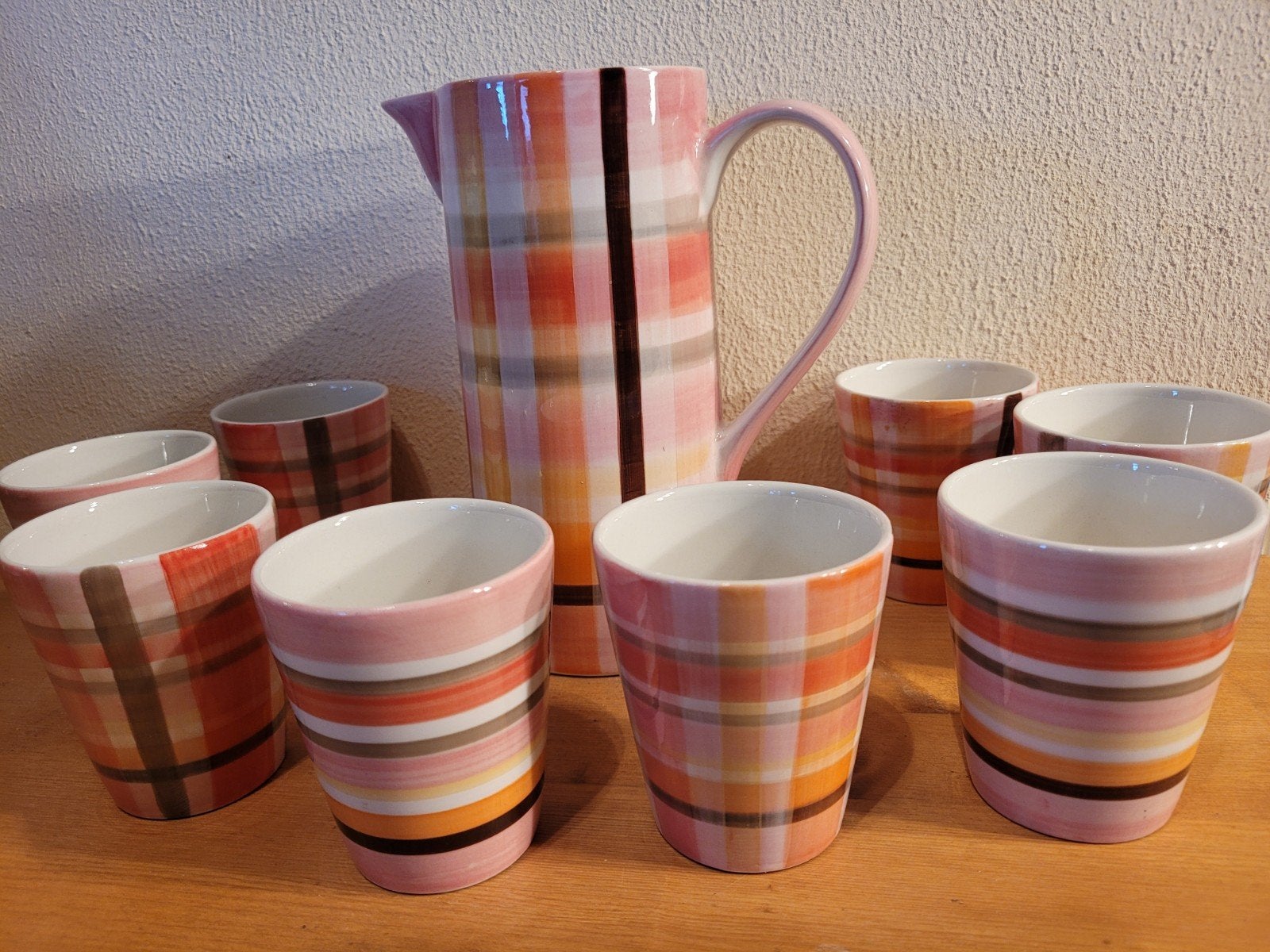 Karaf en 8 bekers met ruitpatroon - Solids limonade waterkan, Huis en Inrichting, Keuken | Servies, Keramiek, Overige typen, Ophalen of Verzenden