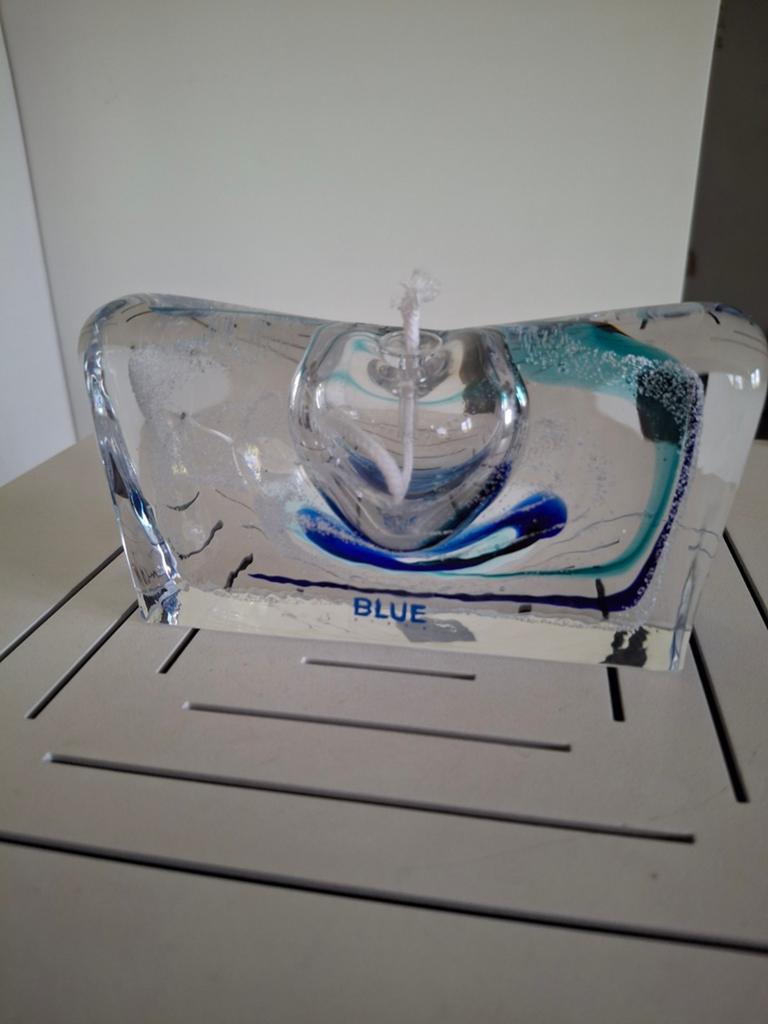 Vintage Glazen Olielamp - Gesigneerd en Originele Sticker, Ophalen of Verzenden