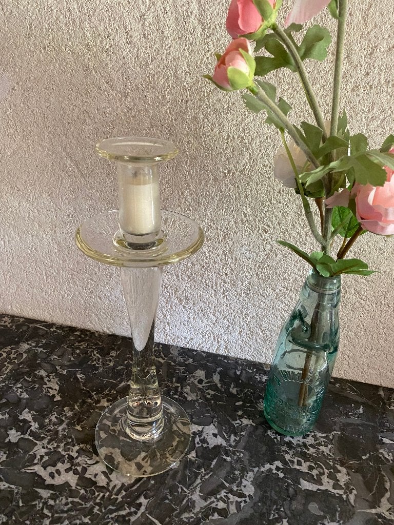 Antiek, brocante glazen kandelaar - dinerkaars, Antiek en Kunst, Curiosa en Brocante, Ophalen of Verzenden