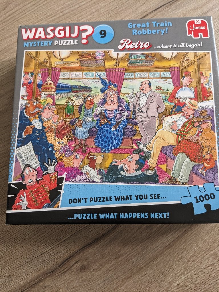 Legpuzzel Wasgij, de grote treinroof, mystery puzzel, Hobby en Vrije tijd, Ophalen of Verzenden, 500 t/m 1500 stukjes, Zo goed als nieuw